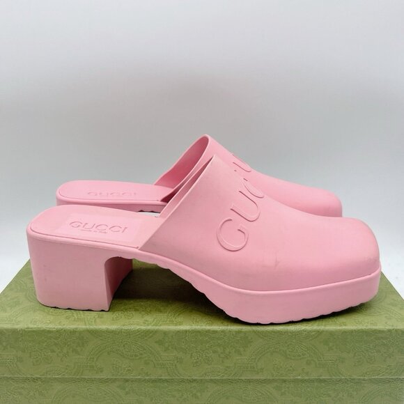 Gucci Logo Rubber Platform Heel Clogs Mules Slip On 725899 Pink Wms EU 39 US 9 - Picture 7 of 14